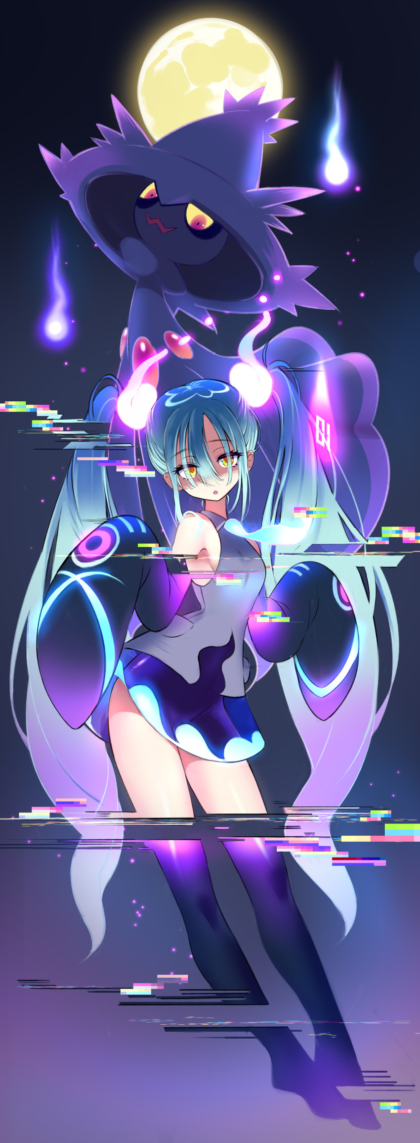 1girl absurdres armpits black_sleeves blue_hair detached_sleeves full_body full_moon ghost_miku_(project_voltage) glitch grey_shirt hatsune_miku highres hitodama long_hair looking_at_viewer looking_down miniskirt mismagius moon multicolored_hair necktie pale_skin pokemon pokemon_(creature) project_voltage shirt skirt sleeveless thighhighs tm_(hanamakisan) twintails two-tone_hair very_long_hair vocaloid white_hair yellow_eyes