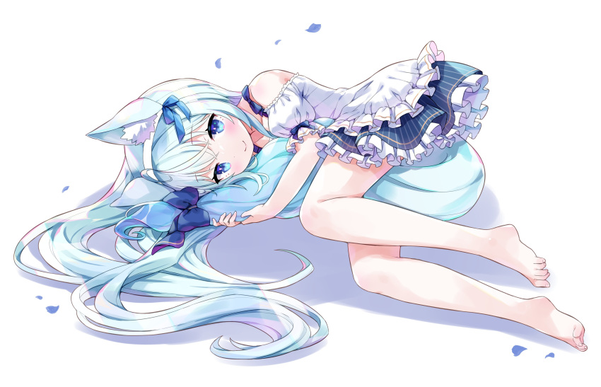 1boy absurdres amimi animal_ears bare_legs bare_shoulders barefoot between_legs blue_eyes blue_hair blue_skirt fox_boy fox_ears fox_tail frilled_skirt frills highres holding_own_tail hugging_own_tail hugging_tail indie_virtual_youtuber light_blue_hair long_hair looking_at_viewer lying miniskirt off-shoulder_shirt off_shoulder on_side otoko_no_ko puffy_short_sleeves puffy_sleeves rucie_(vtuber) second-party_source shirt short_sleeves simple_background skirt tail tail_between_legs very_long_hair virtual_youtuber white_background white_shirt