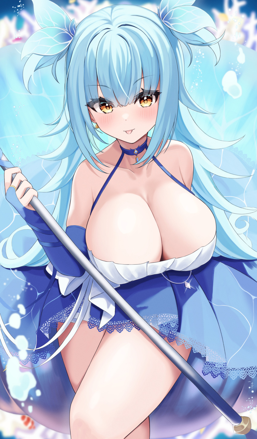 1girl absurdres azur_lane bare_shoulders blue_dress blue_hair blue_ribbon blurry blurry_background breasts bridal_gauntlets bubble cleavage clownfish collarbone commission coral cowboy_shot dress earrings elegant_(sumisumi4268) fish highres holding holding_staff jewelry large_breasts long_hair neptune_(azur_lane) neptune_(nereid's_invitation)_(azur_lane) ribbon skeb_commission solo staff thighs tongue two_side_up underwater yellow_eyes