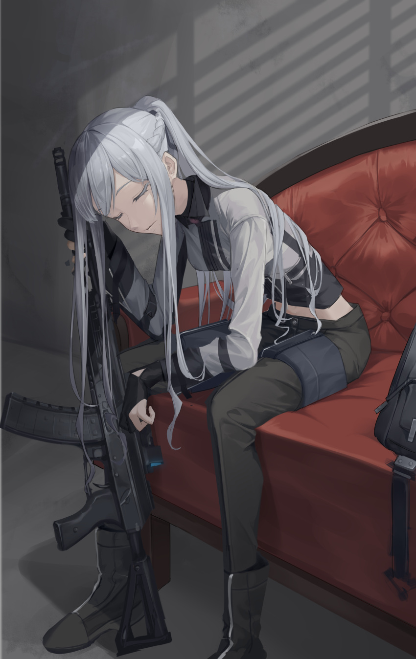 1girl absurdres ak-12 ak-12_(girls'_frontline) assault_rifle black_gloves black_pants boots closed_eyes commentary_request couch elbow_on_knee expressionless foot_out_of_frame girls'_frontline gloves grey_hair grey_shirt gun highres holding holding_gun holding_weapon indoors kalashnikov_rifle leaning_forward long_hair long_sleeves midriff pants partially_fingerless_gloves ponytail rifle senkou_(dwrp3257) shirt sidelocks sitting solo weapon