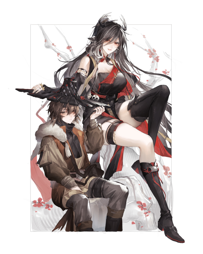1boy 1girl :d absurdres arknights black_dress black_footwear black_hair boots breasts brown_eyes brown_hair brown_jacket character_request cleavage closed_mouth dress feet_out_of_frame grey_pants hair_between_eyes hair_over_one_eye highres jacket long_hair medium_breasts pants qiubai_(arknights) red_eyes single_thigh_boot sitting smile takano_jiyuu thigh_boots very_long_hair white_background