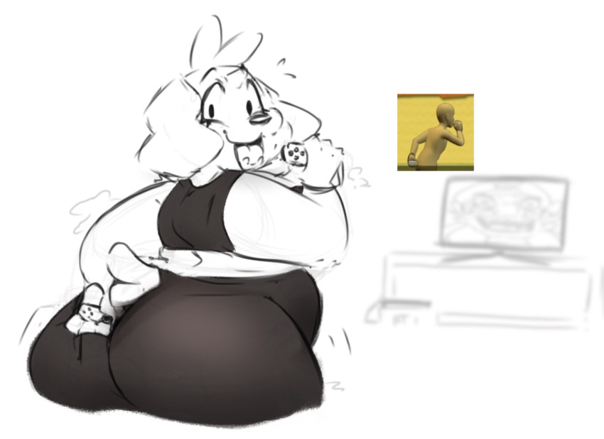 anthro beagle belly big_belly big_butt butt canid canine canis clothing controller domestic_dog dreamywolfdd female game_controller hi_res hunting_dog joycon_controller mammal nintendo nintendo_controller nintendo_switch open_mouth overweight overweight_anthro overweight_female roxy_(pongodecky) scent_hound solo tight_clothing