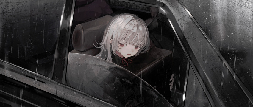 1girl bare_tree black_shirt briefcase car collared_shirt grey_hair hair_intakes highres long_hair lower_teeth_only motor_vehicle neck_ribbon open_mouth original rain red_eyes red_ribbon reflection ribbon shirt shou_(mori_boro) solo teeth tree