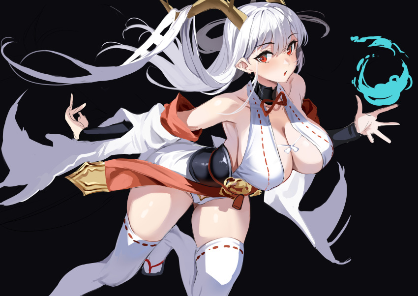1girl absurdres arm_warmers ass_visible_through_thighs azur_lane bare_shoulders black_background breasts cameltoe dragon_horns hair_between_eyes hair_on_horn hands_up highres horns japanese_clothes large_breasts long_hair looking_at_viewer panties parted_lips red_eyes ribbon-trimmed_clothes ribbon-trimmed_thighhighs ribbon_trim shimanto_(azur_lane) simple_background sketch smile stone_(ksorede) thighhighs underwear white_hair white_panties white_thighhighs