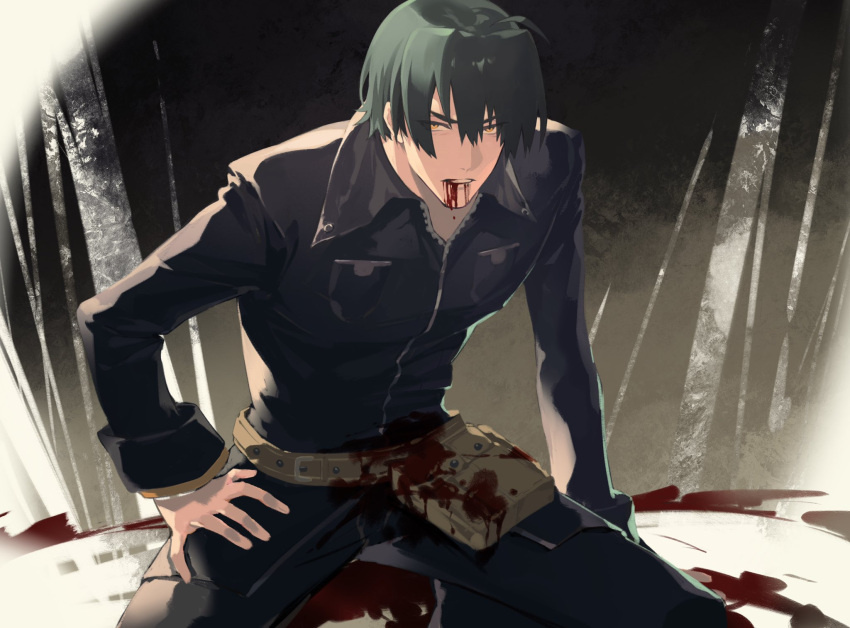 1boy black_hair black_suit blood formal hair_between_eyes highres looking_at_viewer minato_kageaki nitroplus solo soukou_akki_muramasa suit tuzaixia upper_body