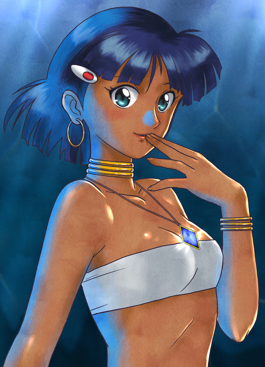 1girl bandeau bare_shoulders black_hair blue_gemstone blue_hair bob_cut bracelet breasts commentary dark-skinned_female dark_skin earrings fingers_to_mouth fushigi_no_umi_no_nadia gem gold_bracelet green_eyes green_hair hair_ornament hairclip highres hoop_earrings jewelry lips maruyama_musashi nadia_la_arwall neck_ring necklace pendant revision short_hair simple_background small_breasts solo strapless tube_top upper_body