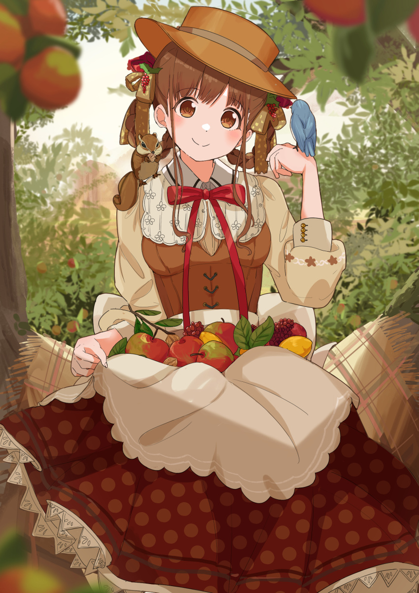 1girl animal_on_shoulder apron apron_basket bird bird_on_hand blurry blurry_foreground blush boater_hat brown_hair brown_shirt depth_of_field food fruit hair_rings head_tilt highres idolmaster idolmaster_shiny_colors long_sleeves looking_at_viewer neck_ribbon outdoors polka_dot polka_dot_skirt raichita ribbon shirt skirt smile solo sonoda_chiyoko squirrel waist_apron