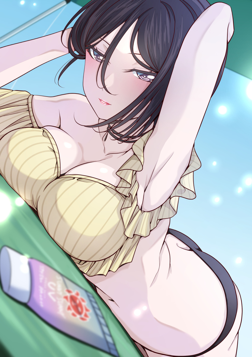 1girl arm_behind_head arm_up armpits bang_dream! bare_shoulders beach_towel bikini black_bikini black_hair blue_sky blurry blurry_foreground breasts butt_crack cleavage collarbone commentary_request cowboy_shot day dutch_angle frilled_bikini frills hair_between_eyes hand_in_own_hair hand_up highres kitayu large_breasts light_blush light_particles light_smile long_bangs looking_at_viewer lotion lying mismatched_bikini navel off-shoulder_bikini off_shoulder on_ground on_stomach outdoors parasol parted_lips purple_eyes short_hair sky solo striped striped_bikini sunscreen swimsuit towel umbrella vertical-striped_bikini vertical_stripes yashio_rui yellow_bikini