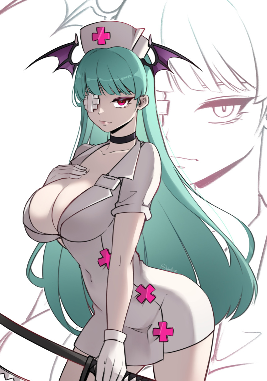 1girl absurdres breasts cleavage collarbone cosplay cowboy_shot cross green_hair hat head_wings highres long_hair morrigan_aensland nurse_cap red_eyes shinibun skullgirls solo valentine_(skullgirls) valentine_(skullgirls)_(cosplay) vampire_(game) wings