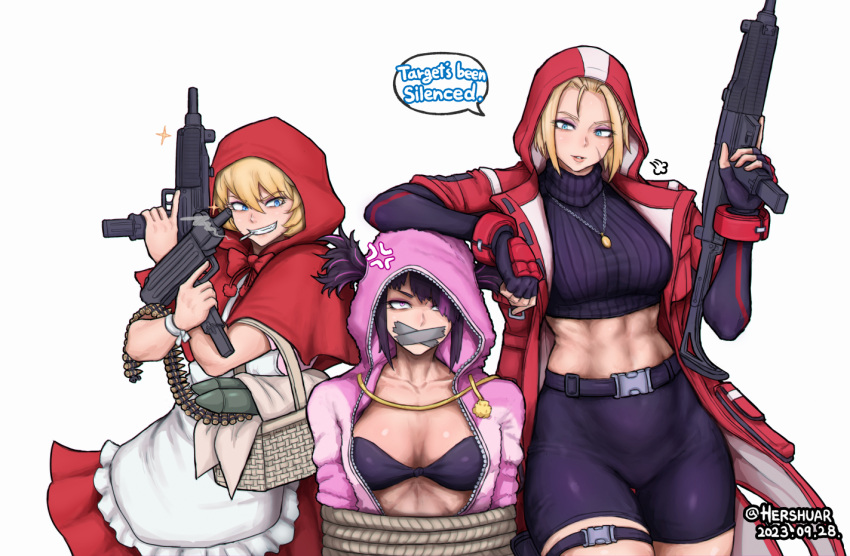 3girls anger_vein apron black_bra blonde_hair bra breasts bulleta cammy_white capcom cleavage coat company_connection cosplay crop_top crossover fingerless_gloves gag gloves gun han_juri hershuar hood hood_up improvised_gag jewelry kigurumi looking_at_viewer machine_gun multiple_girls necklace official_alternate_costume picnic_basket red_coat scar scar_on_face short_shorts shorts smile street_fighter street_fighter_6 submachine_gun tape tape_gag turtleneck twintails underwear vampire_(game) weapon