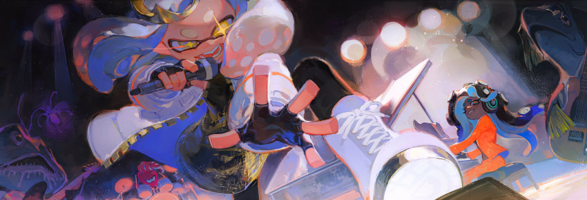 +_+ 1other 2girls absurdres creamyghost fangs fingerless_gloves gloves glowing glowing_eyes highres holding holding_microphone instrument jacket marina_(splatoon) microphone multiple_girls music octarian open_mouth pearl_(splatoon) piano playing_instrument splatoon_(series) splatoon_3 tentacle_hair yellow_eyes