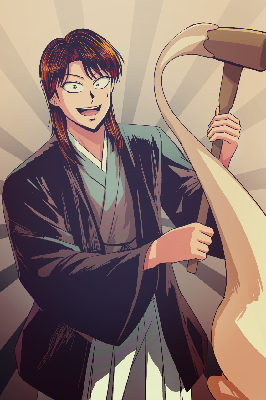 1boy absurdres alternate_costume black_eyes black_jacket brown_background brown_hair cowboy_shot food grey_kimono haori highres holding holding_mallet ichijou_seiya jacket japanese_clothes kaiji kimono kine long_hair long_sleeves looking_at_viewer male_focus mallet medium_bangs mochi mochi_trail open_mouth parted_bangs smile solo teeth upper_teeth_only wide_sleeves yologyeolseogchung-gyeogpaswaeseogsul