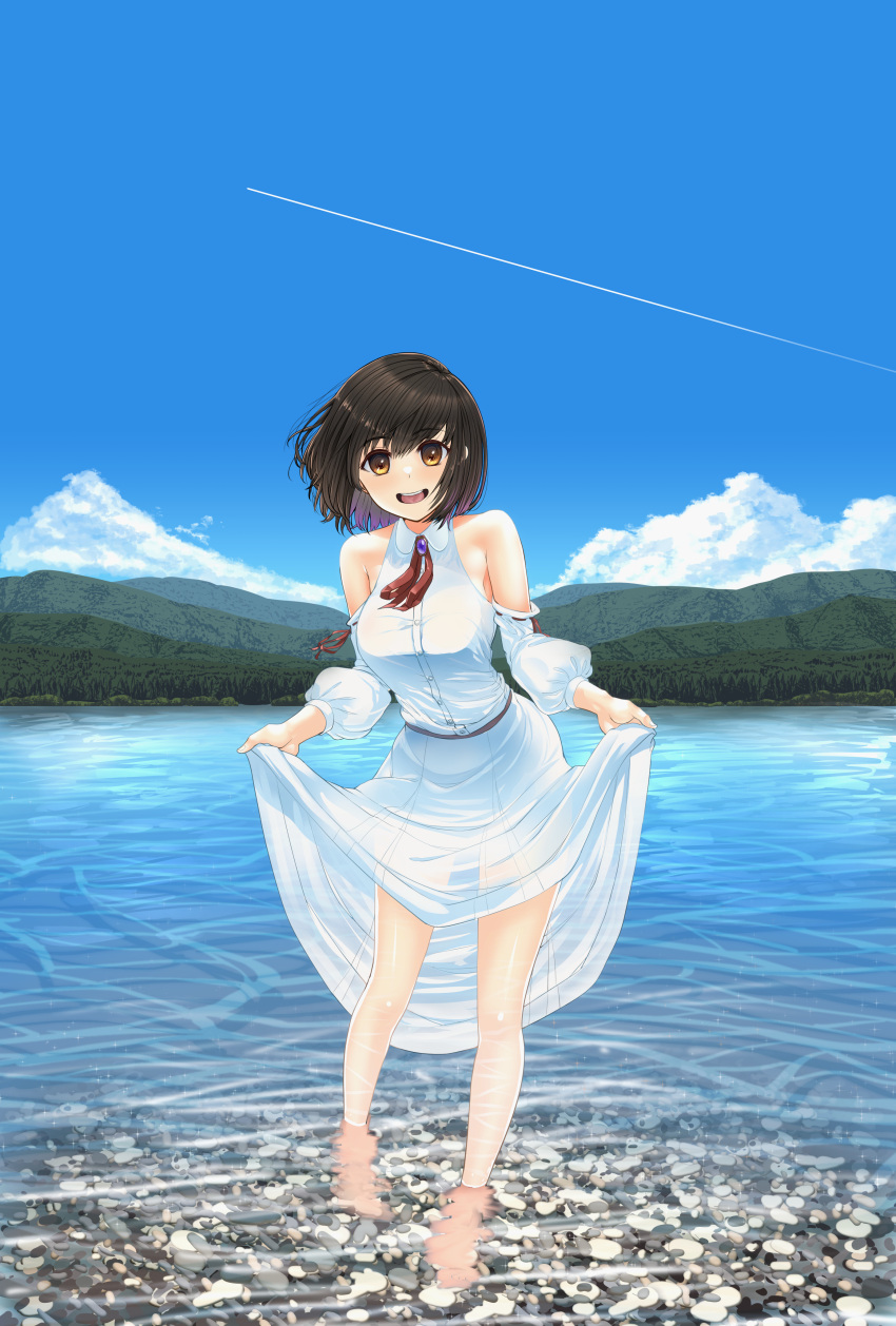 1girl absurdres black_hair brown_eyes clothes_lift commentary_request contrail day dress dress_lift feccso highres lake lifted_by_self looking_at_viewer medium_hair mountain open_mouth original outdoors partially_submerged pond river shochuumimai smile solo standing summer sundress water white_dress