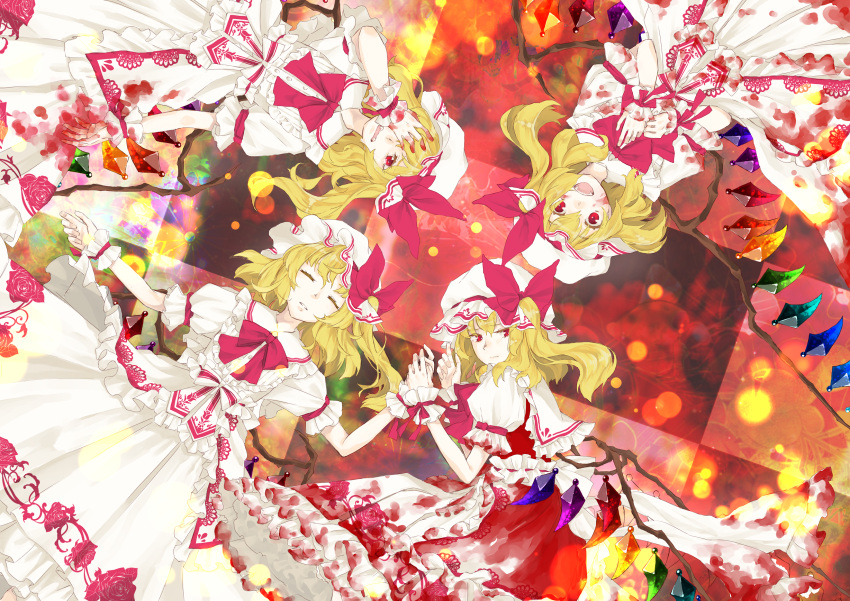 alternate_costume azuma_kazamori blonde_hair blood blood_on_clothes blood_on_hands bow bowtie checkered_background closed_mouth flandre_scarlet floral_print four_of_a_kind_(touhou) frilled_skirt frills hair_between_eyes hat highres medium_hair mob_cap multicolored_wings one_side_up open_mouth print_skirt puffy_short_sleeves puffy_sleeves red_bow red_bowtie red_eyes red_skirt red_vest rose_print shirt short_sleeves skirt skirt_set touhou upside-down vest white_headwear white_shirt white_skirt wings wrist_cuffs