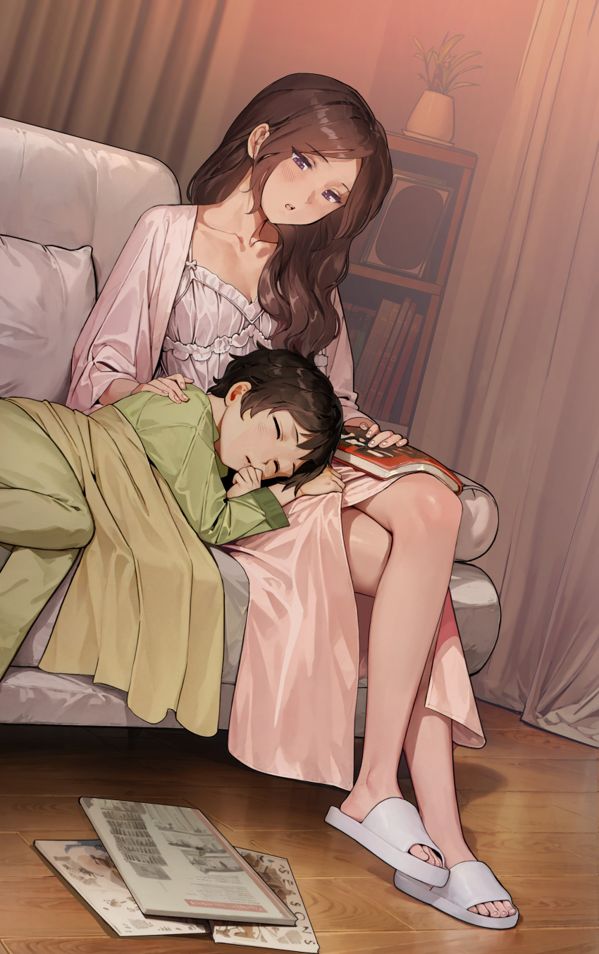 1boy 1girl absurdres age_difference black_hair blush book bookshelf breasts brown_eyes brown_hair cleavage closed_eyes closed_mouth collarbone couch crossed_legs curtains green_pajamas hand_on_another's_shoulder highres indoors lap_pillow living_room long_hair long_sleeves magazine_(object) mature_female mother_and_son nightgown on_couch open_mouth original pajamas parted_hair pillow pink_pajamas plant potted_plant purple_eyes short_hair sleeping slippers white_footwear white_nightgown wooden_floor yewang19