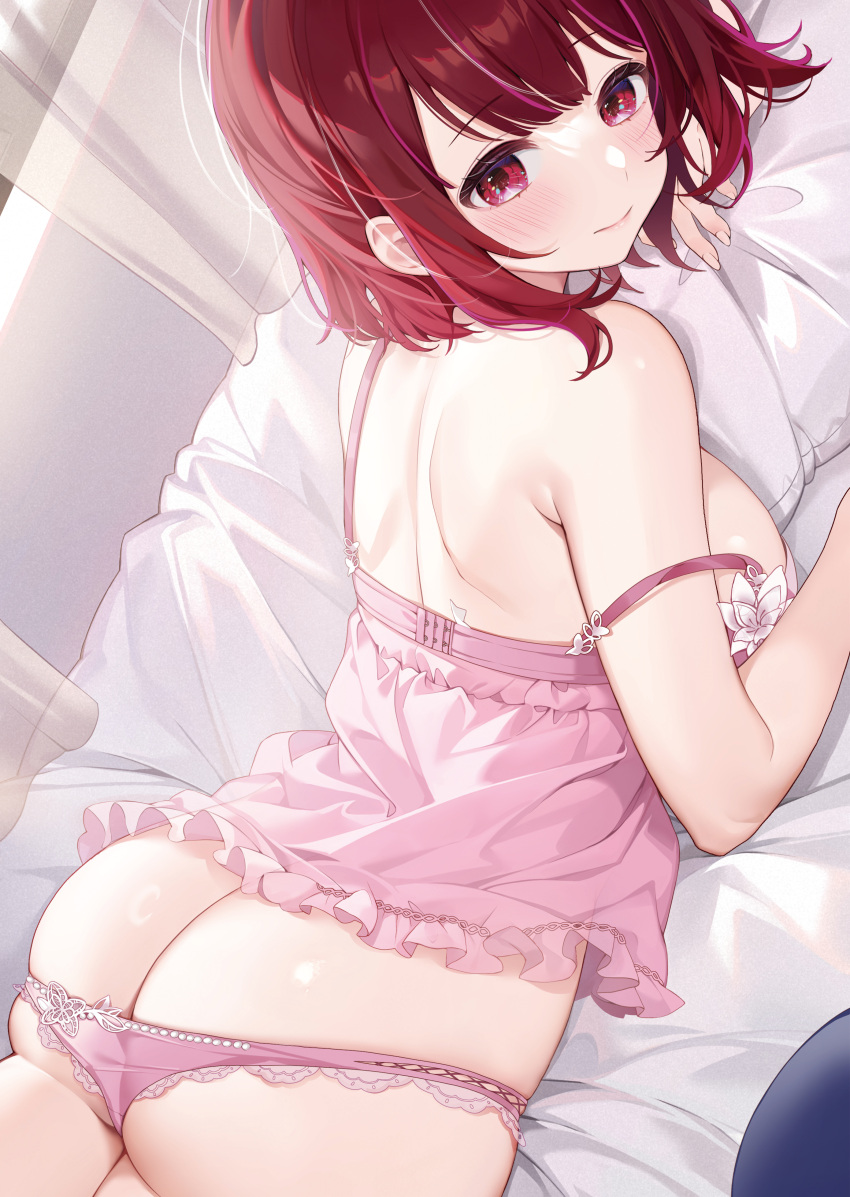 1girl absurdres arima_kana ass bare_shoulders bed_sheet blush breasts closed_mouth curtains fingernails from_behind highres large_breasts long_fingernails looking_at_viewer looking_back lying machi_(7769) nightgown on_stomach oshi_no_ko panties panty_pull patreon_username pink_nightgown pink_panties red_eyes red_hair shiny_skin short_hair shoulder_blades smile solo strap_slip underwear