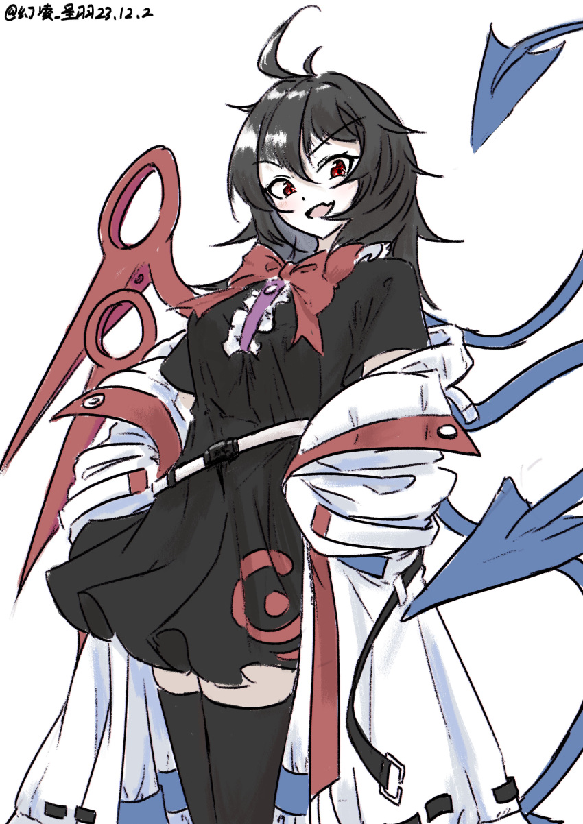 1girl absurdres ahoge asymmetrical_wings black_dress black_hair black_skirt black_thighhighs blue_wings bow bowtie center_frills coat commentary_request dated dress fang frills hair_between_eyes highres houjuu_nue looking_at_viewer medium_hair one-hour_drawing_challenge open_mouth red_bow red_bowtie red_wings short_sleeves simple_background skin_fang skirt solo thighhighs touhou ve1024 white_background white_coat wings