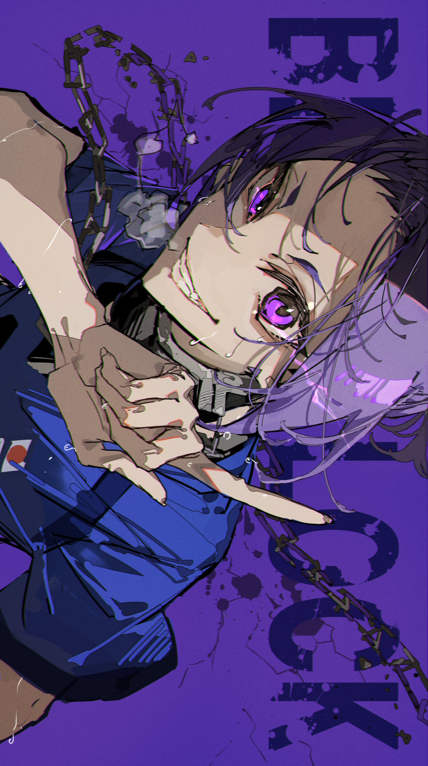 1boy absurdres blue_lock blue_shirt chain high_ponytail highres male_focus mikage_reo mura_karuki purple_background purple_eyes purple_hair shirt short_hair short_ponytail short_sleeves smile solo teeth