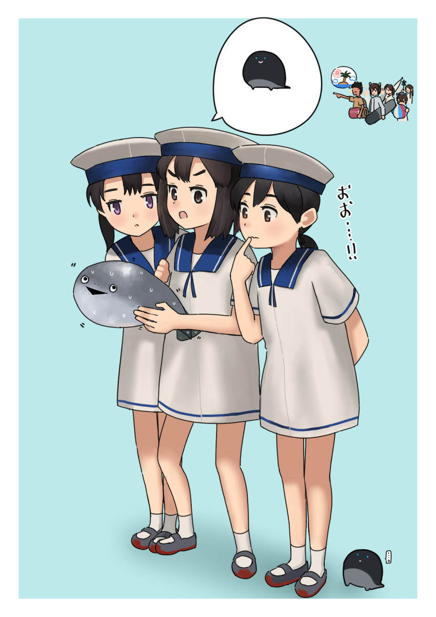 6+girls abyssal_ship admiral_(kancolle) akagi_(kancolle) black_hair blue_sailor_collar bob_cut brown_eyes daitou_(kancolle) dress fish hat hiburi_(kancolle) highres holding i-class_destroyer kaga_(kancolle) kantai_collection low_ponytail multiple_girls purple_eyes sacabambaspis sailor_collar sailor_dress sailor_hat short_hair short_sleeves shounan_(kancolle) speech_bubble taihou_(kancolle) timmyyen twintails white_dress white_headwear yukikaze_(kancolle)