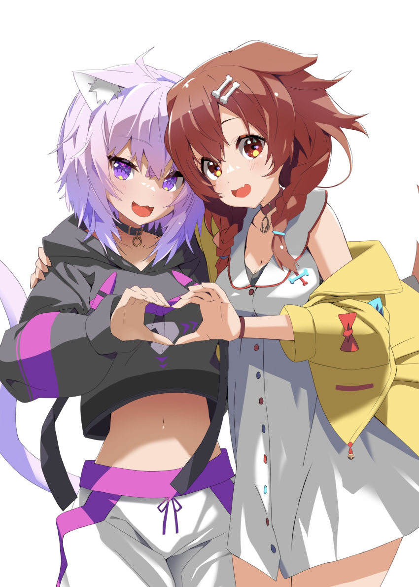 2girls :3 :d ahoge animal_ears belt_collar black_collar bone_hair_ornament braid breasts brown_eyes brown_hair cat_ears cat_girl cat_tail cleavage collar cropped_hoodie dress fang grune hair_ornament hand_on_another's_shoulder highres hololive hood hoodie inugami_korone inugami_korone_(1st_costume) jacket long_hair looking_at_viewer medium_breasts medium_hair multiple_girls navel nekomata_okayu nekomata_okayu_(1st_costume) pants purple_eyes purple_hair purple_hoodie red_collar skin_fang smile sweatpants tail twin_braids virtual_youtuber white_background white_dress yellow_jacket