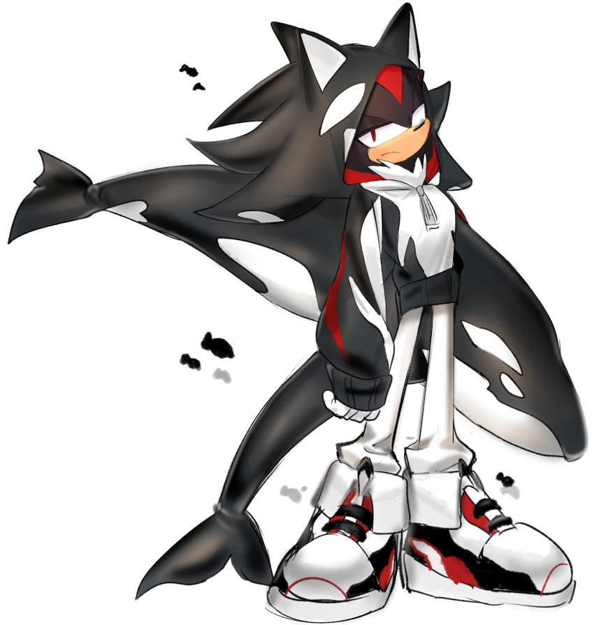 1boy animal_hood animal_nose closed_mouth expressionless full_body furry furry_male highres hood hood_up hoodie male_focus orca_hood pants red_eyes shadow_the_hedgehog shoes simple_background solo sonic_(series) standing stuffed_orca usa37107692 white_background white_pants