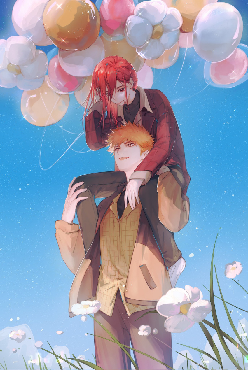 2boys balloon black_pants black_shirt blue_lock brown_jacket brown_pants carrying chigiri_hyoma closed_mouth cowboy_shot day flower full_body hand_up highres jacket kunigami_rensuke long_hair long_sleeves male_focus multiple_boys open_mouth orange_hair orange_jacket outdoors p66666l pants red_eyes red_hair red_jacket shirt shoes short_hair shoulder_carry sleeves_past_wrists smile standing white_footwear yaoi