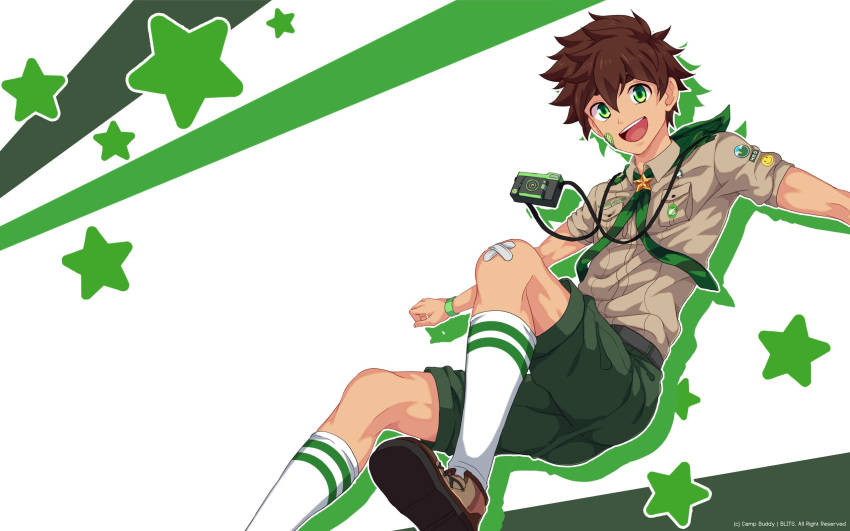 1boy bandage_on_face bandages bandaid bandaid_on_face bandaid_on_knee bandaid_on_leg brown_hair brown_shirt camera camera_around_neck camp_buddy collared_shirt copyright copyright_name foot_out_of_frame green_eyes green_ribbon green_shorts highres male_focus mikkoukun nagame_keitaro official_art official_wallpaper open_mouth ribbon shirt shorts smile socks solo starry_background white_background white_socks