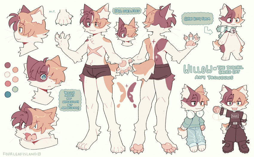 5_fingers anthro bell biped bobtail_cat calico_cat chibi claws clothed clothing color_swatch domestic_cat english_text felid feline felis fingers fourleafisland hair hair_over_eye hi_res inner_ear_fluff japanese_bobtail male mammal model_sheet nonbinary_(lore) one_eye_obstructed open_mouth pawpads scar smile solo tail text tuft willow_(fourleafisland) x_scar