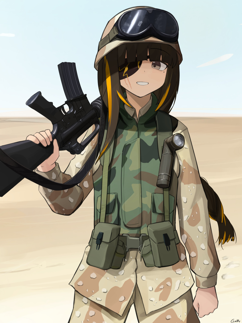 1girl absurdres artist_name assault_rifle braid camouflage cowboy_shot desert desert_camouflage eyepatch gamryous girls'_frontline goggles goggles_on_headwear gun hat highres holding holding_gun holding_weapon long_hair long_sleeves looking_at_viewer m16 m16a1_(girls'_frontline) military_hat military_uniform mole mole_under_eye multicolored_hair open_mouth orange_hair outdoors rifle scar scar_across_eye scar_on_face smile solo streaked_hair teeth uniform weapon
