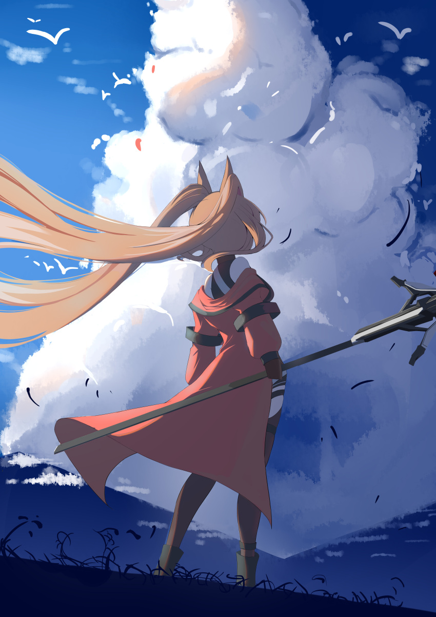 1girl absurdres angelina_(arknights) angelina_(distinguished_visitor)_(arknights) animal_ears arknights black_thighhighs blue_sky brown_hair cloud cloudy_sky coat floating_hair fox_ears fox_girl grass highres holding holding_staff lahz52 long_hair off_shoulder open_clothes open_coat outdoors red_coat scenery sky solo staff thighhighs twintails very_long_hair