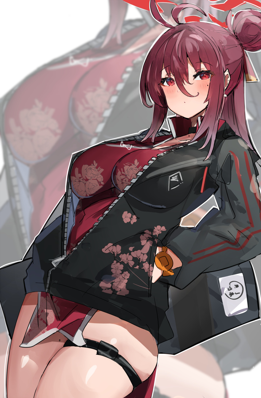1girl ahoge black_jacket blue_archive blush breasts china_dress chinese_clothes cleavage dress hair_between_eyes halo hands_in_pockets highres jacket large_breasts long_hair looking_at_viewer mole mole_on_collarbone mole_under_eye red_dress red_eyes red_halo reizyo_(blue_archive) simple_background the_olphy thigh_strap thighs white_background zipper zoom_layer