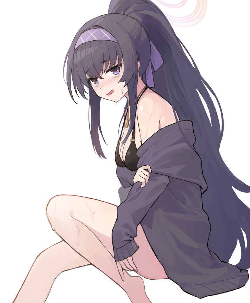 1girl absurdres angcha bags_under_eyes bikini black_bikini black_hair blue_archive blush breasts cardigan grey_cardigan hairband halo highres jewelry long_hair looking_at_viewer necklace open_cardigan open_clothes parted_lips ponytail purple_eyes purple_hairband simple_background small_breasts smile solo sweat swimsuit ui_(blue_archive) ui_(swimsuit)_(blue_archive) very_long_hair white_background