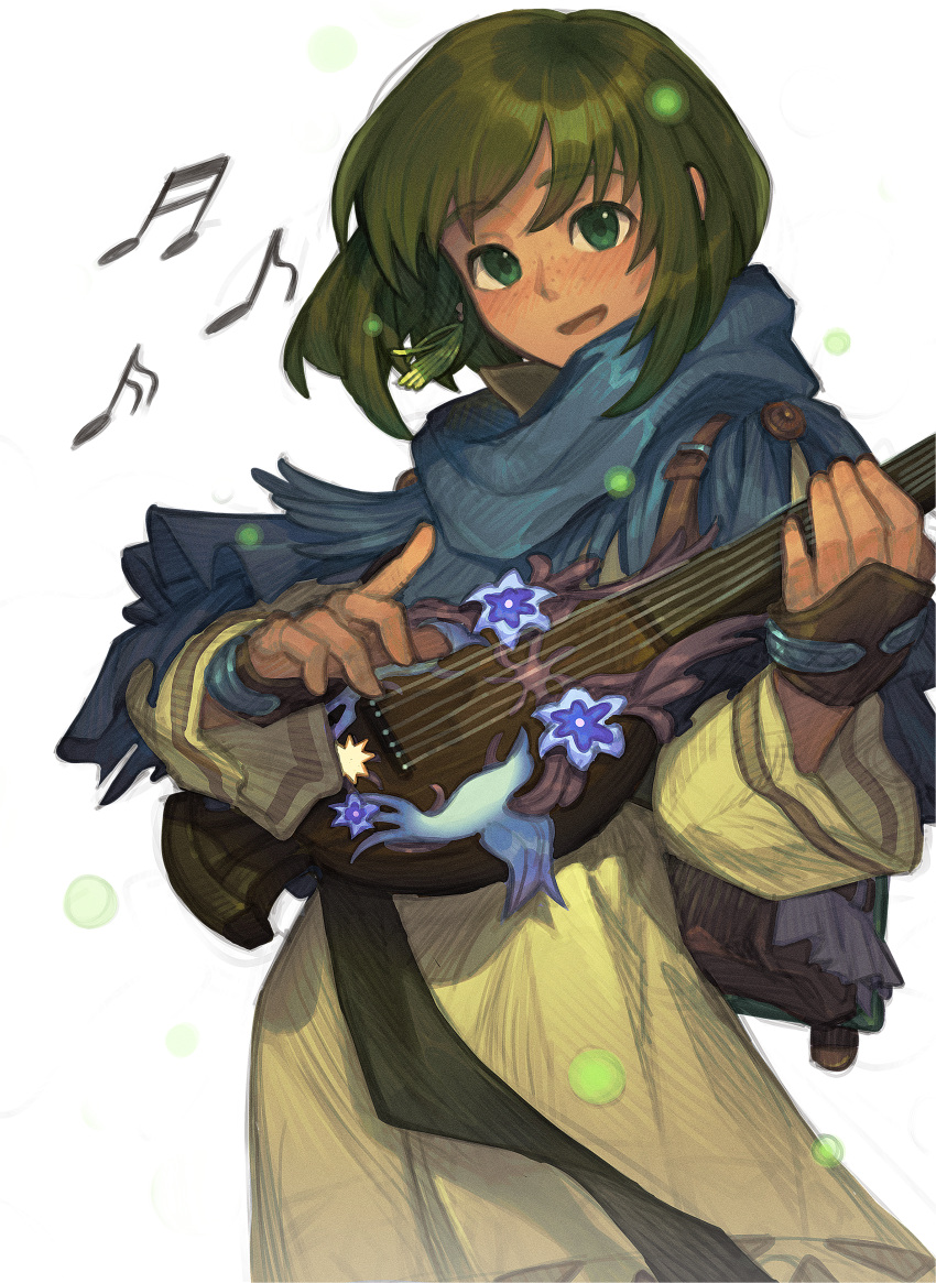 1girl 9twoeight absurdres blush dangle_earrings earrings freckles green_eyes green_hair highres holding holding_instrument instrument jewelry long_hair long_sleeves looking_at_viewer mabinogi music musical_note original playing_instrument short_hair simple_background smile solo white_background