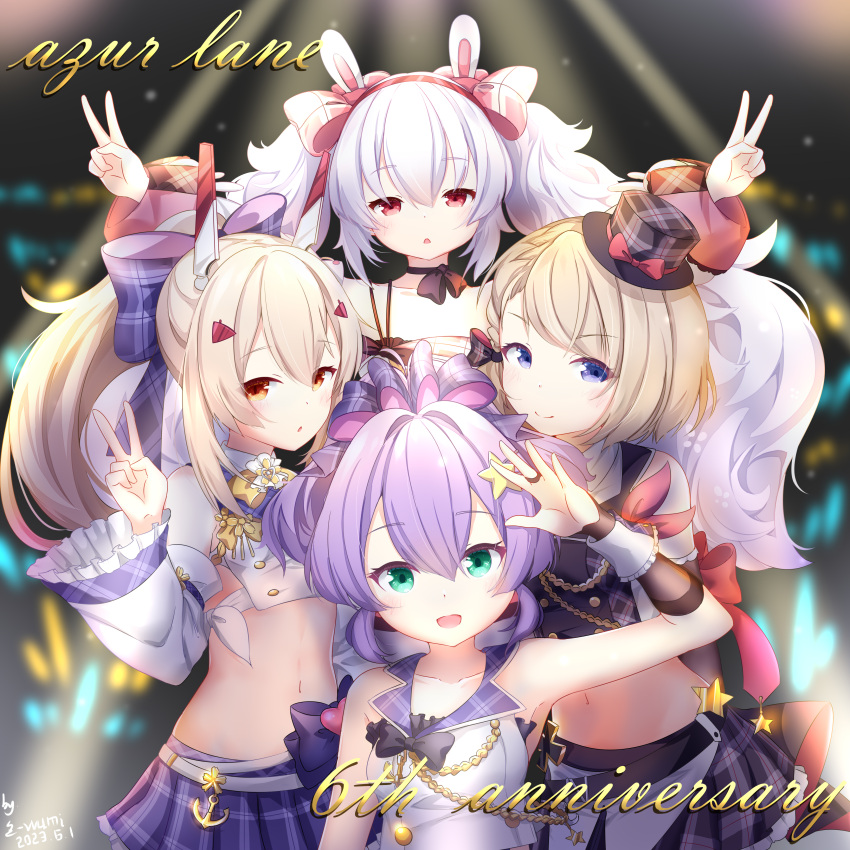 4girls :d absurdres animal_ears anniversary arm_up ayanami_(azur_lane) ayanami_(low-key_idol_@confused)_(azur_lane) azur_lane bare_shoulders black_choker black_headwear black_skirt blue_eyes blurry blurry_background bow choker closed_mouth commentary_request copyright_name depth_of_field double_v fake_animal_ears frilled_skirt frills glowstick green_eyes grey_hair hair_bow hairband headgear highres javelin_(azur_lane) javelin_(energetic_idol_@120_motivation!)_(azur_lane) laffey_(azur_lane) laffey_(bunny_idol_@unmotivated)_(azur_lane) light_brown_hair long_hair multiple_girls navel outstretched_arms parted_lips pink_bow plaid plaid_bow plaid_headwear plaid_skirt pleated_skirt purple_bow purple_hair purple_skirt rabbit_ears red_eyes red_hairband shirt skirt sleeveless sleeveless_shirt smile star_(symbol) tilted_headwear twintails v very_long_hair white_shirt z-wumi z23_(azur_lane) z23_(serious_idol_@acting_manager?!)_(azur_lane)