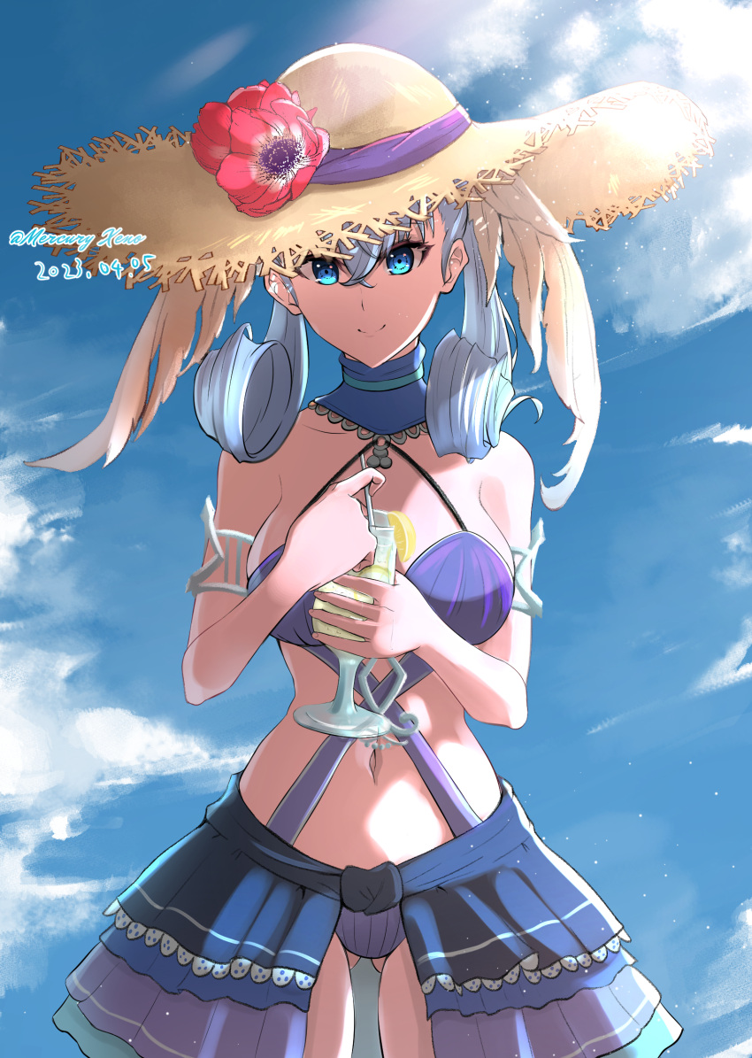 1girl ass_visible_through_thighs bikini bikini_skirt blue_eyes cup curly_hair dated dress_swimsuit drinking_glass drinking_straw food fruit grey_hair hat head_wings highres holding holding_cup lemon lemon_slice looking_at_viewer melia_antiqua melia_antiqua_(resort_style) mercury_xeno multi-strapped_bikini navel official_alternate_costume outdoors ribbed_swimsuit signature smile solo sun_hat swimsuit wings xenoblade_chronicles:_future_connected xenoblade_chronicles_(series) xenoblade_chronicles_1