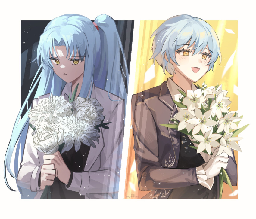 2girls angela_(project_moon) black_vest blue_coat blue_hair bouquet coat collared_shirt dual_persona flower happy highres holding holding_bouquet lab_coat library_of_ruina lobotomy_corporation long_hair long_sleeves love_mintchoco multiple_girls open_mouth parted_bangs parted_lips project_moon shirt short_hair sidelocks simple_background smile very_long_hair vest white_background white_coat white_flower white_shirt yellow_eyes