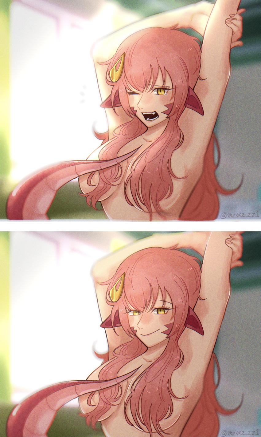 armpits arms_up blush collarbone commission commissioner_upload fingernails hair_between_eyes hair_censor hair_ornament hair_over_breasts highres indoors looking_at_viewer miia_(monster_musume) monster_musume_no_iru_nichijou mzmzzz1 non-web_source nose_blush one_eye_closed open_mouth pink_nails pointy_ears red_hair scales skeb_commission slit_pupils smile stretching tearing_up topless twitter_username yellow_eyes