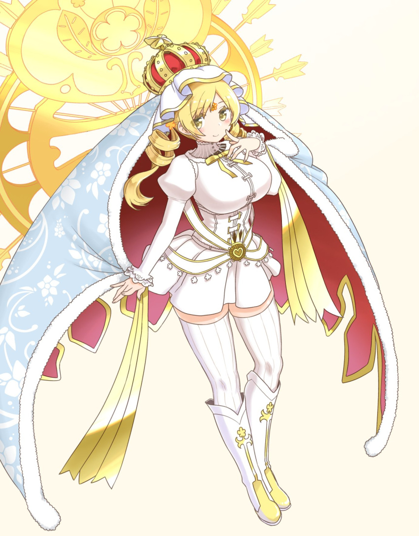 1girl blonde_hair boots cape dress drill_hair finger_to_mouth fur-trimmed_cape fur_trim highres knee_boots kogaku_kazuya looking_at_viewer magia_record:_mahou_shoujo_madoka_magica_gaiden magical_girl mahou_shoujo_madoka_magica short_dress solo soul_gem thighhighs tomoe_mami twin_drills white_footwear white_thighhighs yellow_eyes