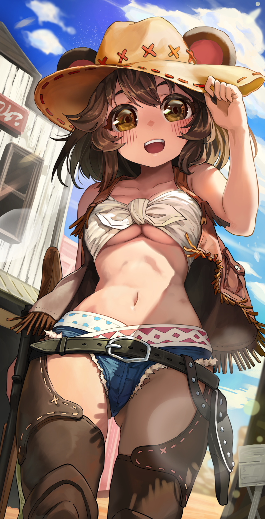 1girl :d absurdres animal_ears bear_ears belt blue_sky breasts brown_eyes brown_hair chaps cloud commission cowboy_hat day denim denim_shorts from_below hat highres medium_breasts medium_hair melaton navel open_mouth original outdoors shorts skeb_commission sky smile solo underboob