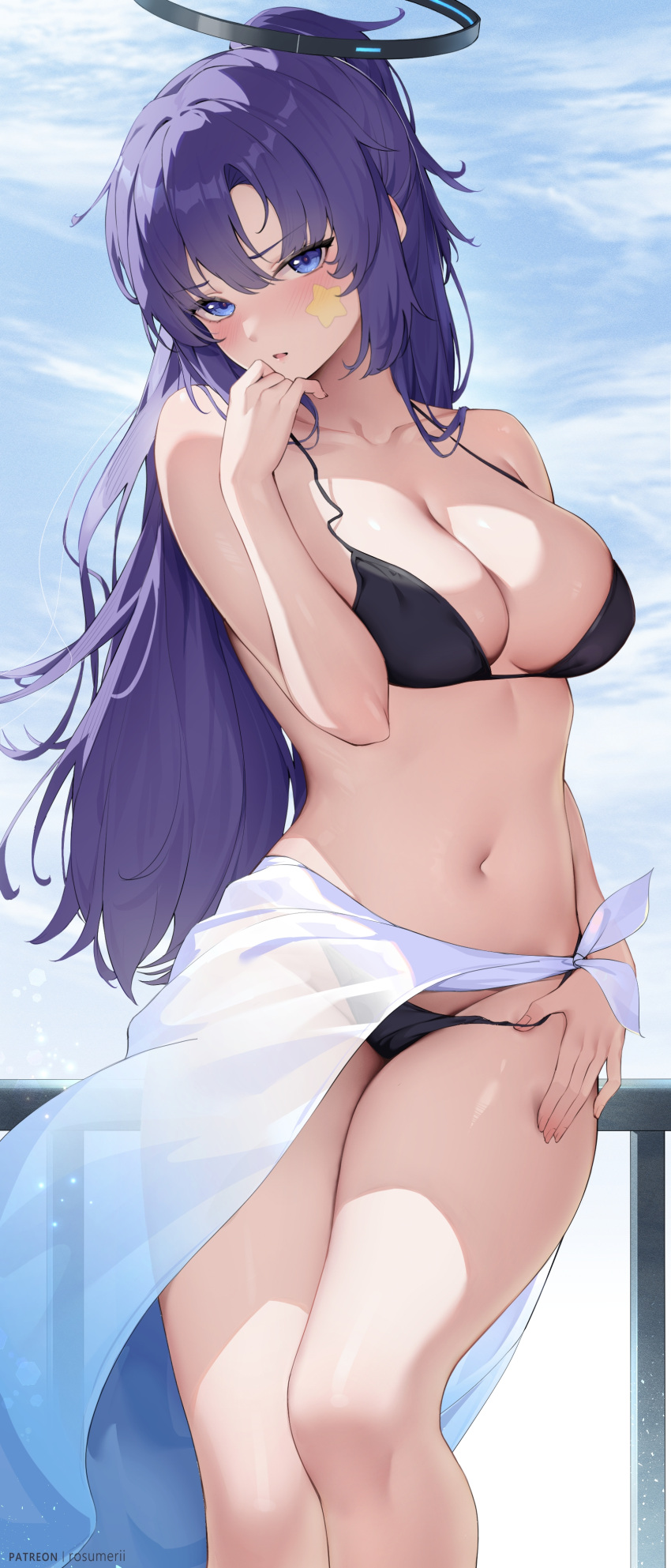 1girl absurdres against_railing alternate_costume bikini bikini_tug black_bikini blue_archive blue_sky blush breasts cleavage cloud collarbone commentary day feet_out_of_frame halo halterneck hand_to_own_mouth head_tilt highres large_breasts looking_at_viewer mechanical_halo navel outdoors ponytail purple_eyes purple_hair railing rosumerii sarong see-through_sarong sky solo star_(symbol) star_sticker sticker_on_face stomach string_bikini string_pull swimsuit thighs yuuka_(blue_archive)