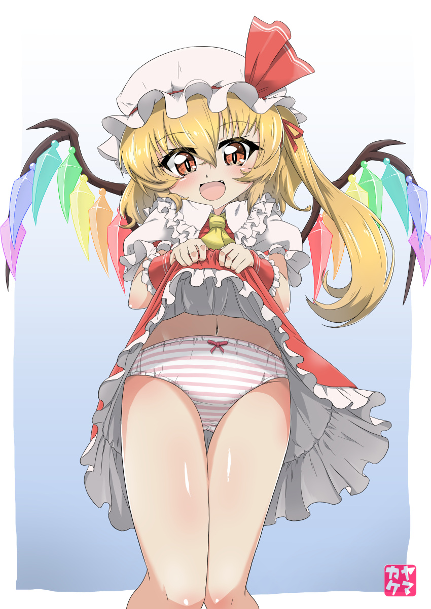 1girl :d absurdres artist_logo ascot blonde_hair blue_background bow bow_panties clothes_lift collared_shirt commission crotch_seam crystal fang flandre_scarlet frilled_cuffs frilled_skirt frilled_sleeves frills hair_ribbon hat hat_ribbon highres lifted_by_self long_hair looking_at_viewer mob_cap navel open_mouth outside_border panties pink_panties puffy_short_sleeves puffy_sleeves red_eyes red_ribbon red_skirt ribbon shirt short_sleeves side_ponytail skeb_commission skirt skirt_lift smile solo standing striped striped_panties thigh_gap touhou underwear white_headwear white_shirt wing_collar wings yamakake_(tororo1293) yellow_ascot