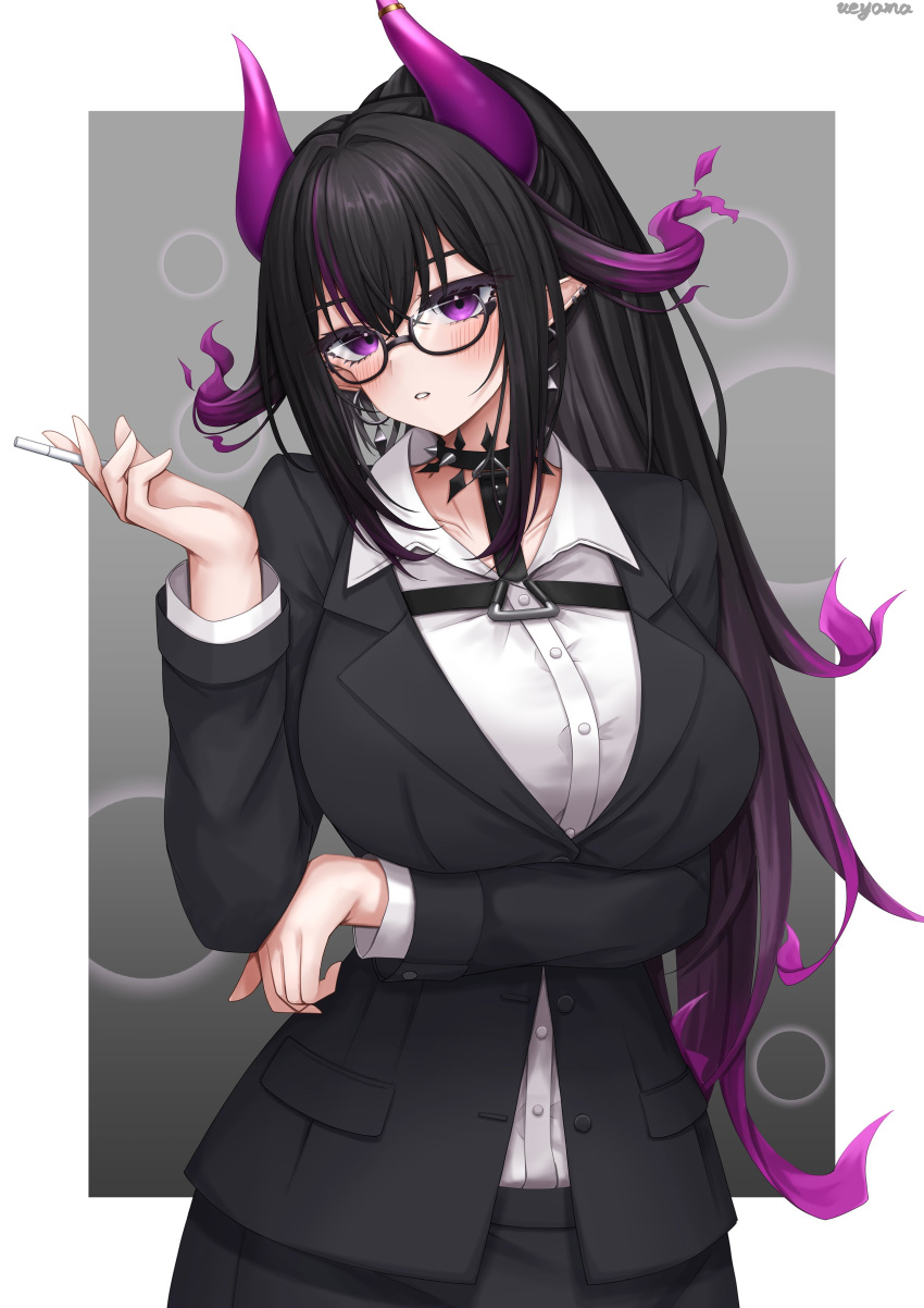 1girl absurdres arm_under_breasts beril_villain black_hair black_jacket black_skirt blush breasts chest_harness cigarette collared_shirt commentary_request commission glasses gradient_hair hand_up harness high_ponytail highres holding holding_cigarette horns indie_virtual_youtuber jacket large_breasts long_hair long_sleeves looking_at_viewer multicolored_hair parted_lips partially_unbuttoned purple_eyes purple_hair purple_horns semi-rimless_eyewear shirt skeb_commission skirt solo suit ueyama_0clock under-rim_eyewear very_long_hair white_shirt