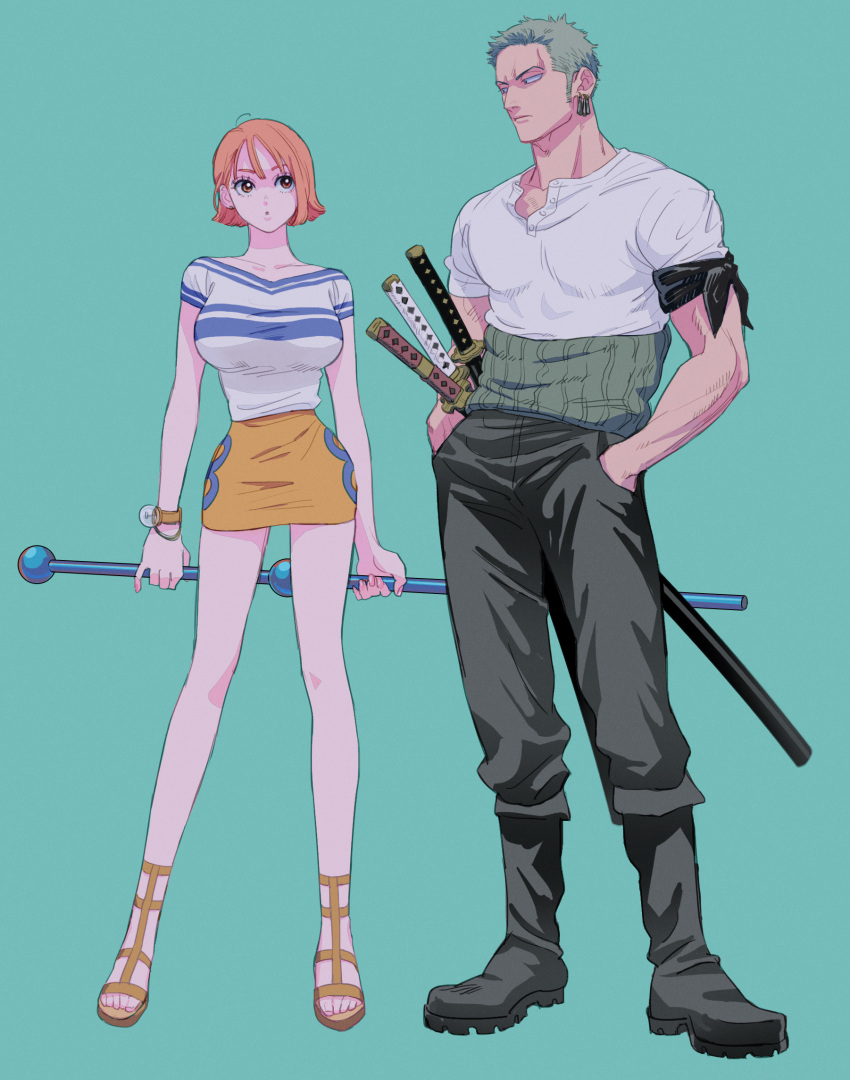 1boy 1girl black_footwear black_pants breasts collarbone frown full_body green_background green_hair hand_in_pocket highres holding holding_staff large_breasts maiko_(setllon) miniskirt multiple_swords nami_(one_piece) one_piece orange_eyes orange_hair pants roronoa_zoro sandals shirt sideways_glance simple_background skirt staff white_shirt yellow_skirt