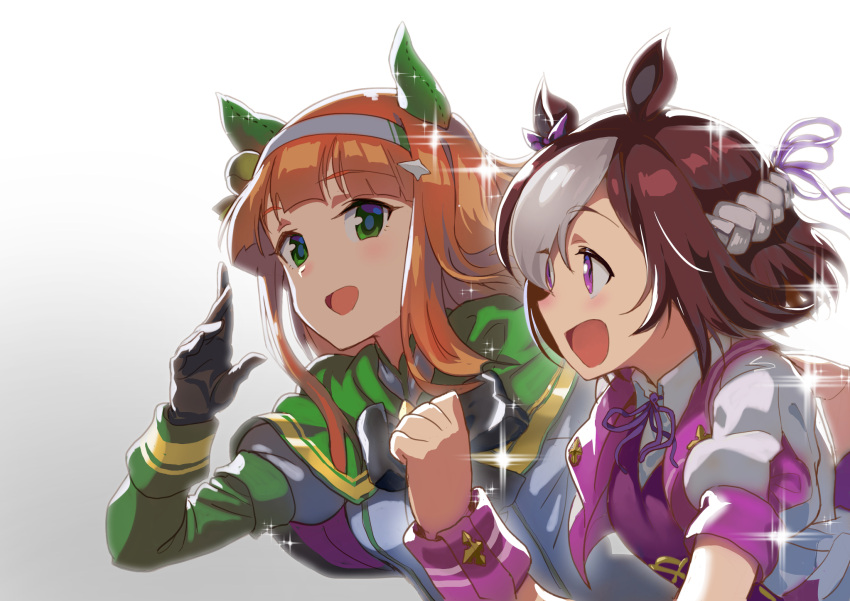 2girls :d andou_shuki animal_ears black_gloves braid brown_hair capelet commentary_request ear_covers french_braid from_side gloves green_eyes hairband half_updo highres horse_ears horse_girl long_hair multicolored_hair multiple_girls open_mouth orange_hair profile purple_eyes running school_uniform short_hair silence_suzuka_(umamusume) simple_background smile sparkle special_week_(umamusume) two-tone_hair umamusume upper_body white_background