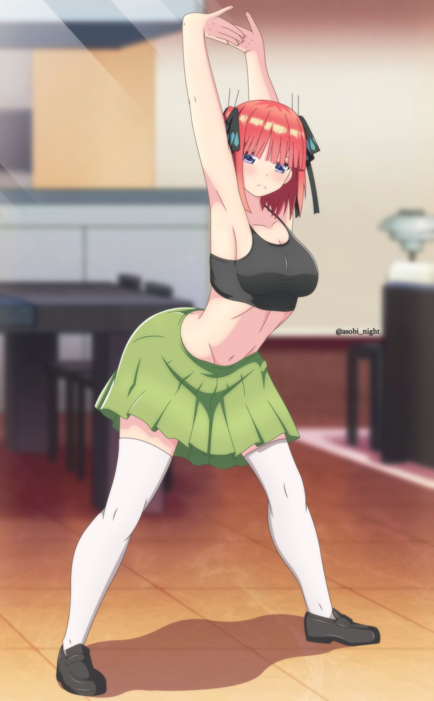 1girl absurdres armpits arms_behind_head arms_up asobi_night black_sports_bra blue_eyes blunt_bangs breasts butterfly_hair_ornament cammy_stretch_(meme) cleavage collarbone go-toubun_no_hanayome green_skirt hair_ornament hair_ribbon highres large_breasts looking_at_viewer meme midriff nakano_nino navel quintuplets ribbon skirt solo sports_bra stomach thighhighs thighs white_thighhighs zettai_ryouiki