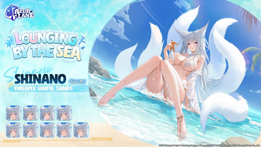 1girl animal_ear_fluff animal_ears anklet azur_lane barefoot bikini blue_eyes breasts cleavage commentary_request copyright_name english_text expressions feet fox_ears fox_girl fox_tail highres in_water jewelry kitsune knees_together_feet_apart knees_up kyuubi large_breasts legs long_hair multiple_tails off_shoulder official_alternate_costume official_art palm_tree promotional_art second-party_source see-through see-through_sleeves shinano_(azur_lane) shinano_(dreamy_white_sands)_(azur_lane) soaryuna starfish swimsuit tail toes tree untied_bikini water white_bikini white_hair white_tail