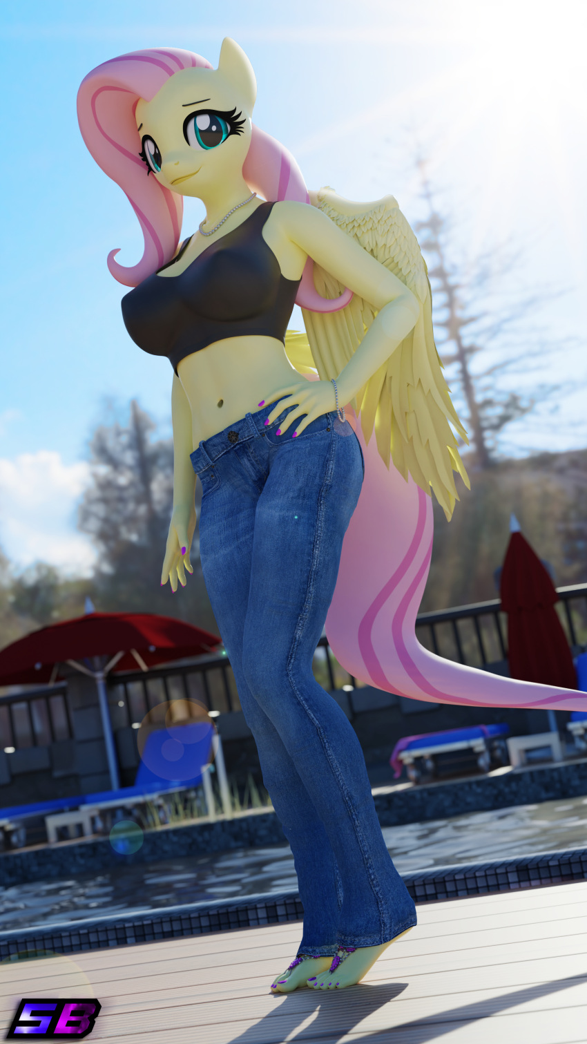 3d_(artwork) 5_toes absurd_res anthro anthrofied barefoot beach_umbrella bottomwear bracelet breasts clothed clothing colored_nails colored_toenails crop_top cropped_tank_top day denim denim_bottomwear denim_clothing digital_media_(artwork) equid equine erect_nipples feathered_wings feathers feet female floor fluttershy_(mlp) friendship_is_magic fully_clothed gem hand_on_hip hasbro hi_res humanoid_feet jeans jewelry lens_flare looking_at_viewer mammal midriff my_little_pony nails navel necklace nipples outside pants pearl_(gem) pearl_bracelet pearl_necklace pegasus plant plantigrade pool_chair poolside shadowboltsfm shirt sky solo swimming_pool tiptoes toenails toes topwear tree water wings