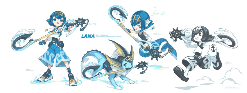 1girl :d absurdres anchor_tattoo animal_print bare_arms belt black_belt blue_hair blue_pants bracelet bright_pupils chain character_name commentary covered_navel fingerless_gloves fish_print gloves grin hairband highres holding holding_weapon jewelry kingdom_hearts lana_(pokemon) mermaid monster_girl mouth_hold multiple_views necklace open_mouth pants pokemon pokemon_(creature) pokemon_(game) pokemon_sm sandals shirt short_hair sleeveless sleeveless_shirt smile tattoo teeth tongue tyson_tan vaporeon wave_print weapon white_background white_pupils white_shirt yellow_hairband