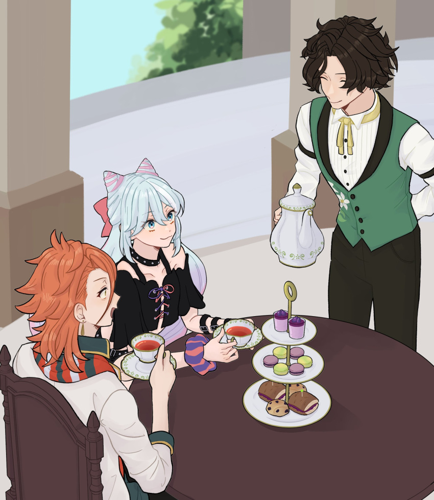 3boys black_hair blue_eyes blue_hair bracelet choker closed_eyes closed_mouth cup earrings fire_emblem fire_emblem_engage food hahm0106 highres holding holding_cup holding_teapot jewelry long_hair long_sleeves louis_(fire_emblem) male_focus multiple_boys open_mouth orange_hair otoko_no_ko pandreo_(fire_emblem) rosado_(fire_emblem) short_hair sitting smile sweets table tea teacup teapot vest