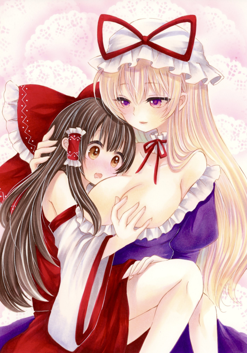 2girls armpit_crease bare_legs bare_shoulders blonde_hair blush bow breast_envy breasts brown_eyes brown_hair carrying choker cleavage commentary_request detached_sleeves dress feet_out_of_frame frilled_bow frilled_choker frilled_hair_tubes frills groping hair_bow hair_tubes hakurei_reimu half-closed_eyes hand_on_another's_head hand_on_another's_leg hat hat_ribbon heart heart-shaped_pupils heart_in_eye highres knees_up large_breasts light_smile long_hair long_sleeves looking_at_another looking_at_breasts mob_cap multiple_girls neck_ribbon off_shoulder open_mouth parted_lips princess_carry purple_dress purple_eyes pussy_juice red_bow red_ribbon red_skirt red_vest ribbon skirt skirt_set sleeves_past_elbows symbol-shaped_pupils symbol_in_eye touhou very_long_hair vest wide-eyed wide_sleeves yakumo_yukari yuri yuuki_hana_(jtnp5334)